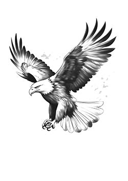 Tattoo template of a bald eagle in flight with wings spread wide and talons poised to strike.