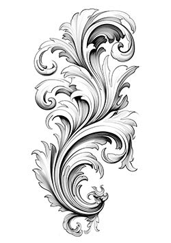 Tattoo template of a floral scrollwork design in grayscale