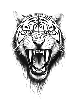 Tattoo template of a roaring tiger head with sharp teeth in realistic style