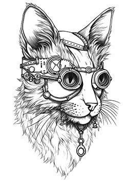 Tattoo template of a cat with steampunk goggles and headgear