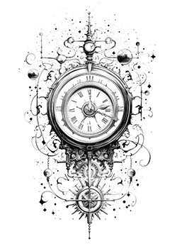 Tattoo template of a vintage clock and compass with abstract design elements