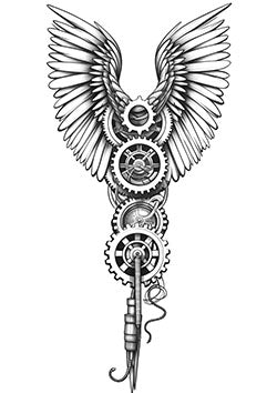 Tattoo template of a design with mechanical gears forming wings