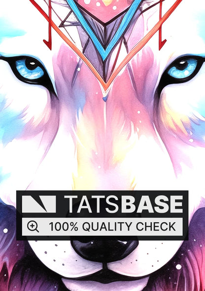 Tattoo template of a wolf's face with geometric patterns in vibrant pastel colors