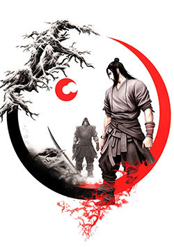 Tattoo template of a ronin, crescent and tree in red and black tones