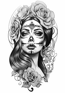 Tattoo template of a woman with Day of the Dead face paint and roses