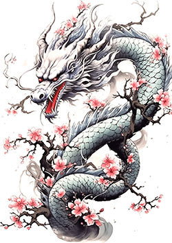 Tattoo template of a dragon with cherry blossoms