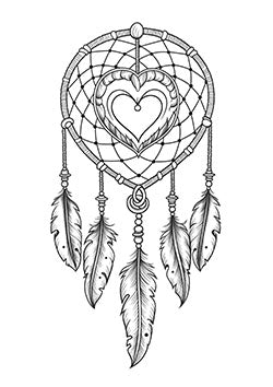 Tattoo template of a heart-shaped dreamcatcher with feathers