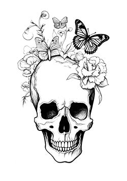 Tattoo template of a skull with flowers and butterflies, representing the contrast between life and death in intricate detail.