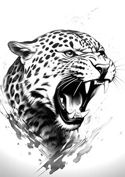 Tattoo template of a roaring leopard with sharp fangs and ink splashes