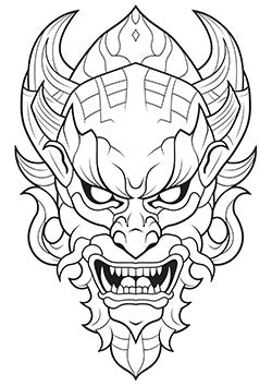 Tattoo template of a Japanese Oni demon face with an imposing expression