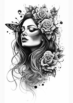 Tattoo template of a serene woman with roses and a butterfly