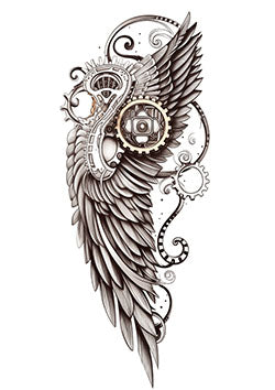 Tattoo template of a mechanical wing with gears and feathers