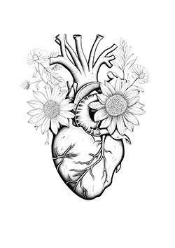 Tattoo template of an anatomical heart with blooming flowers intertwined