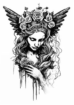 Tattoo template of a woman with roses and feathers