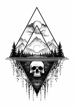 Tattoo template of a skull with mountain landscape in a triangle