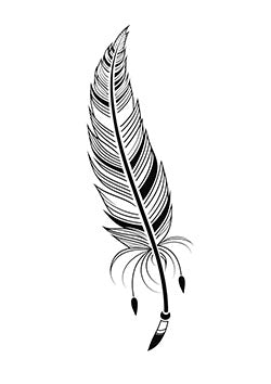 Tattoo template of a detailed feather with ink droplets