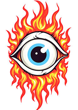 Tattoo template of a blue eye surrounded by flaming fire for a fierce look