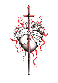 Tattoo template of a heart pierced by a sword with roses and flames