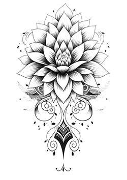 Tattoo template of a large intricate flower with detailed petals and ornamental accents