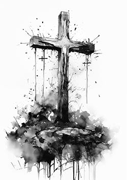 Tattoo template of a cross amidst abstract ink splatters evoking solemn reverence