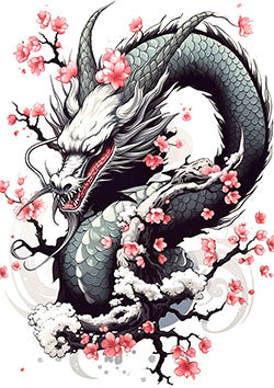 Tattoo template of a dragon with cherry blossoms