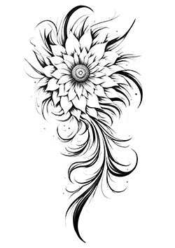 Tattoo template of a detailed flower with swirling lines and intricate petals, embodying motion and beauty