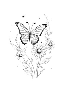 Tattoo template of a butterfly with daisies and foliage