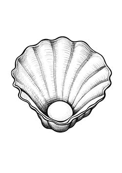 Tattoo template of a detailed open clam shell with a pearl inside, symbolizing hidden beauty and inner treasures