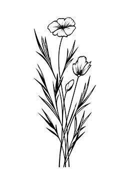 Tattoo template of a floral bouquet with three blossoms and slender leaves.