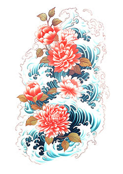 Tattoo template of chrysanthemums with waves