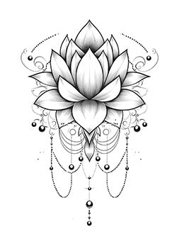 Tattoo template of a detailed lotus flower with bead and swirl patterns