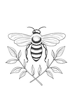 Tattoo template of a detailed bee with wings on a leafy branch