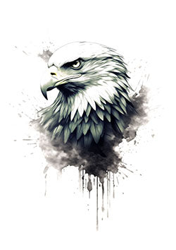 Tattoo template of a detailed eagle with a focused gaze and ink splatter effect