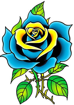 Tattoo template of a blue and yellow rose in full bloom with detailed green leaves