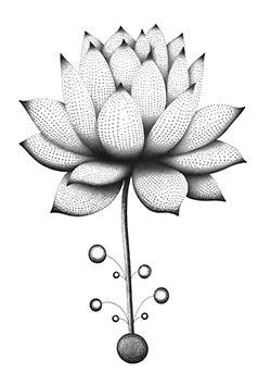 Tattoo template of a stippled lotus flower design with orbs.