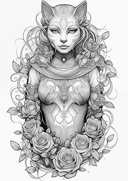 Tattoo template of a feline woman surrounded by roses, detailed and elegant design