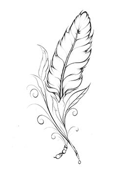 Tattoo template of a detailed feather with swirls and decorative elements