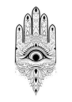 Tattoo template of a detailed Hamsa hand with an eye symbolizing protection and spirituality