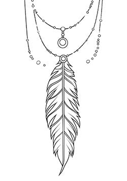 Tattoo template of a detailed feather with hanging beads