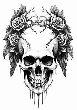 Tattoo template of a skull with roses and vines surrounding it, conveying a haunting beauty.