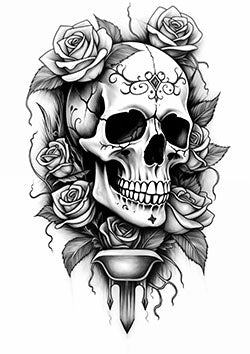 Tattoo template of a skull with roses intertwining around it symbolizing life and death