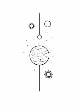 Tattoo template of a celestial minimalist design with planets and suns aligned in perfect harmony