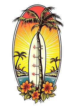 Tattoo template of a surfboard and palm tree against a sunset with waves and hibiscus flowers