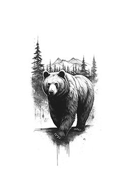 Tattoo template of a bear walking through a forest with mountains in the background