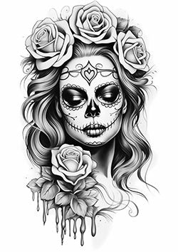 Tattoo template of a woman with a sugar skull face and roses in her hair