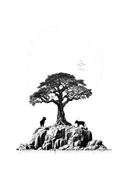 Tattoo template of a tree on a cliff with watchful cats under the full moon