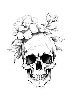 Tattoo template of a skull with blooming flowers symbolizing life and death