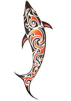 Tattoo template of a stylized tribal orca with red accents