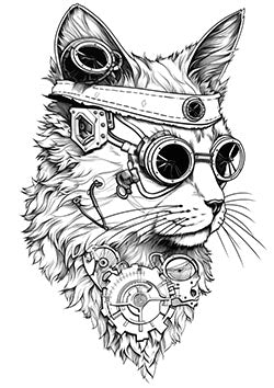 Tattoo template of a mechanical steampunk cat with futuristic elements featuring goggles and gears.