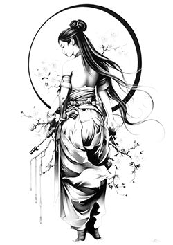 Tattoo template of a samurai woman with Sakura flowers